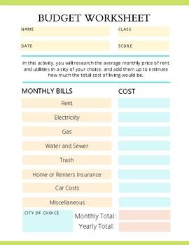 In this monthly budget worksheet, students will have to research average rent prices and utility costs for a city of their choice to calculate their monthly and yearly costs. They will also perform research to calculate the monthly costs (car insurance, gas, car payment, etc) for a car of their choi... High School Math Activities, Household Budget Template, Internet Slang, Monthly Budget Worksheet, Printable Budget Worksheet, Bills Budget, Life Plans, Budget Worksheet, Monthly Budget Printable