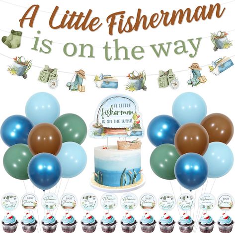 Fishing Baby Shower Decorations for Boy, Gone Fishing Baby Shower Decorations, A Little Fisherman Is on the Way Banner Cake Cupcake Toppers Blue Green Brown Balloons for Fish Baby Shower #ad #alittlefishermanisontheway #fishermanbabyshower #fishingbabyshower #Babyshowerideas #Babyshowersupplies #babyshowerthemes #boybabyshower #Boybabyshowerideas #boybabyshowerthemes Gone Fishing Baby Shower, Fishing Diaper Cake, Fishing Baby Shower, Fishing Baby Shower Theme, Brown Balloons, Excited Baby, Baby Shower Fishing, Fishing Baby, Baby Shower Cupcake Toppers