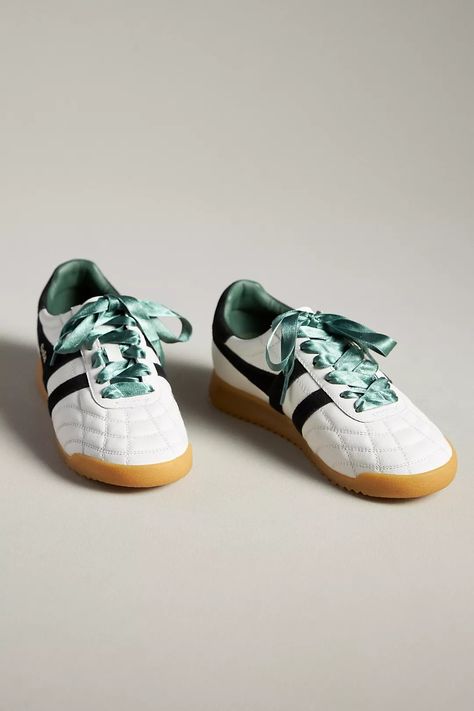 Gola x Anthropologie Stadium Sneakers | Anthropologie Madison + Core + Aesthetic, August Fashion, Ribbon Shoelaces, Gola Sneakers, Suede Trainers, Anthropologie Uk, Sophomore Year, Heritage Fashion, Sneakers Outfit