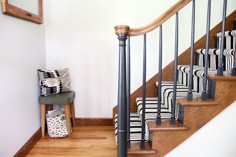 Staircase with Painted Spindles Painted Black Spindles Staircase, Painted And Stained Staircases, Black And Oak Staircase Stair Railing, Painted Railing Banisters, Wood Staircase With Black Spindles, Oak Banister With Black Spindles, Black Stair Spindles With Wood Railing, Black Painted Spindles On Stairs, Black Ballisters Stairs