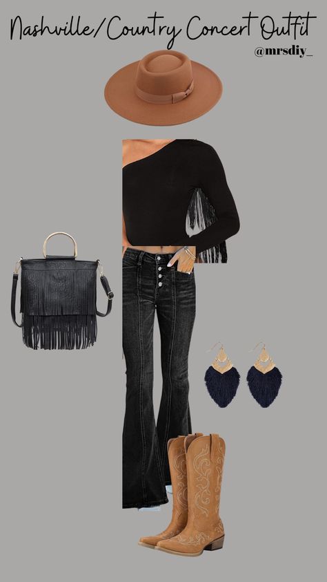 Outfits With Fringe Boots, Black Fringe Top Outfit, Black Jeans Country Concert Outfit, Fringe Top Outfit Western, Nashville Concert Outfit, Fringe Top Outfit, Fringe Hem Jeans, Black Fringe Top, Fringe Clothing