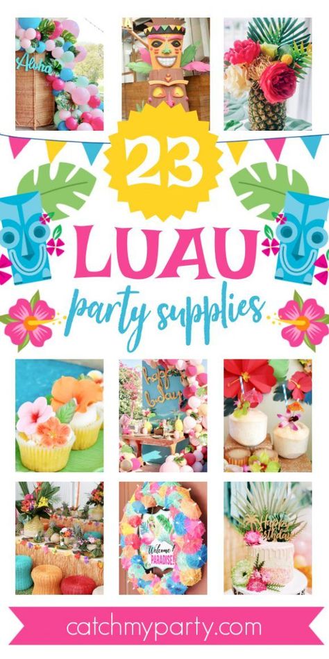 Hawaiian Luau parties are always a huge hit over the summer months, and perfect if you're looking for a tropical theme! See more party ideas and share yours at CatchMyParty.com They work great for birthdays, baby showers, bridal showers, really, any type of party. So, if you're planning a Hawaiian party, don't miss these fun Luau Party Ideas. Girls Luau Birthday Party, Hawaiian Treats, Luau Party Ideas, Luau Party Invitations, Business Crafts, Water Birthday, Birthday Luau, Luau Party Supplies, Luau Baby Showers