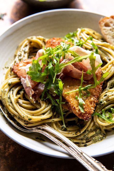 Basil Parmesan Pasta with Crispy Chicken, Prosciutto, and Arugula. - Half Baked Harvest Basil Parmesan Pasta, Pasta With Crispy Chicken, Chicken Prosciutto, Harvest Basil, Creamy Parmesan Chicken, Prosciutto Pasta, Half Baked Harvest Recipes, Night Recipes, Basil Pasta