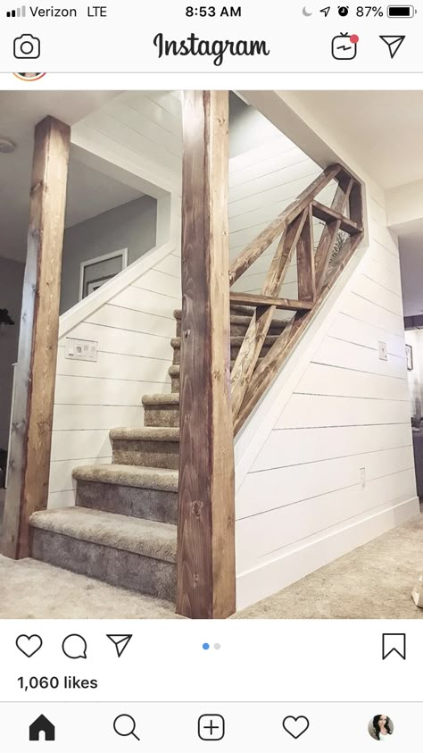 Basement Stairs With Support Post, Adding A Staircase To A House, Opening Staircase Wall, Basement Staircase Makeover, Opening Up Staircase Wall, Basement Staircase Ideas, Farmhouse Basement, Basement Staircase, Home Renovation Ideas