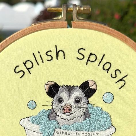 The Artful Possum | Em | Hand Embroidery Artist on Instagram: "Splish Splash, your opinion is trash ᘛ⁐̤ᕐᐷ🗑️🫧  Hand embroidery pattern and tutorial is finally here! Thank you so much for your patience - I’m working on astropossum (personal space lover) next and will slowly catch up on my outstanding ones this week.  I really hope you enjoy stitching this - t-shirts will be available later too and stickers will be back in March 💕 as always let me know if you have any questions! . . . . . #splishsplash #youropinionistrash #possummeme #handembroidery #memeart #opossum #opossumart" Possum Embroidery, Silly Embroidery, Your Opinion Is Trash, Space Lovers, Splish Splash, Hand Embroidery Pattern, Personal Space, Your Opinion, Embroidery Ideas