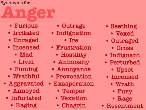 More Synonyms For Angry, Alternative Words For Writing, Anger Writing Tips, Mad Synonyms, Words For Roleplay, Synonyms For Angry, Words To Describe Anger, Angry Writing Tips, Anger Synonyms