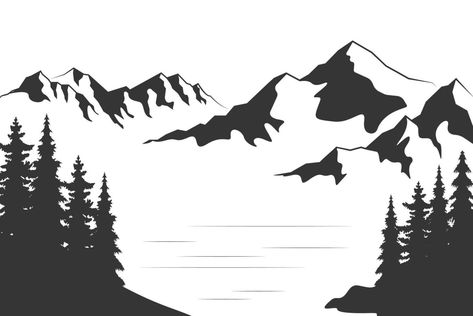 Landscape with silhouettes of mountains and Mountain river. Nature background. Vector illustration. Old style black and white mountain vector illustration Mountain Vector Illustration, Mountain Vector, Mountain Silhouette, Mountain River, Nature Background, White Mountain, Black And White Illustration, Nature Backgrounds, Old Style