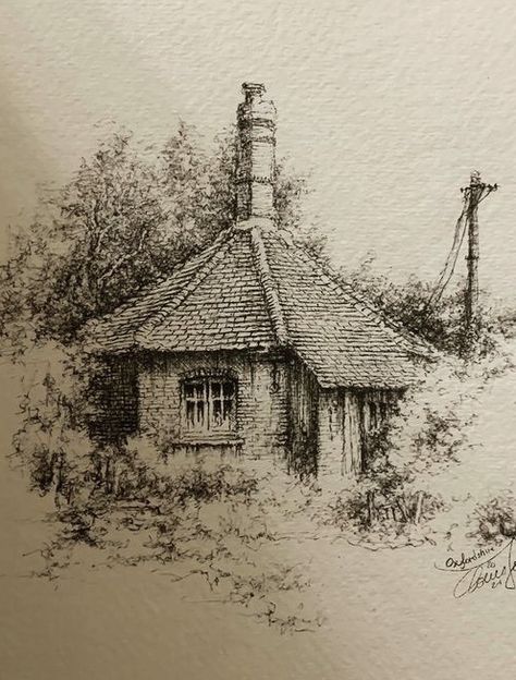 Book Art Drawing, Cottage Drawing, Landscape Pencil Drawings, Drawing Line Art, Oxfordshire England, Pen Art Work, Pen Art Drawings, Arte Van Gogh, Perspective Art