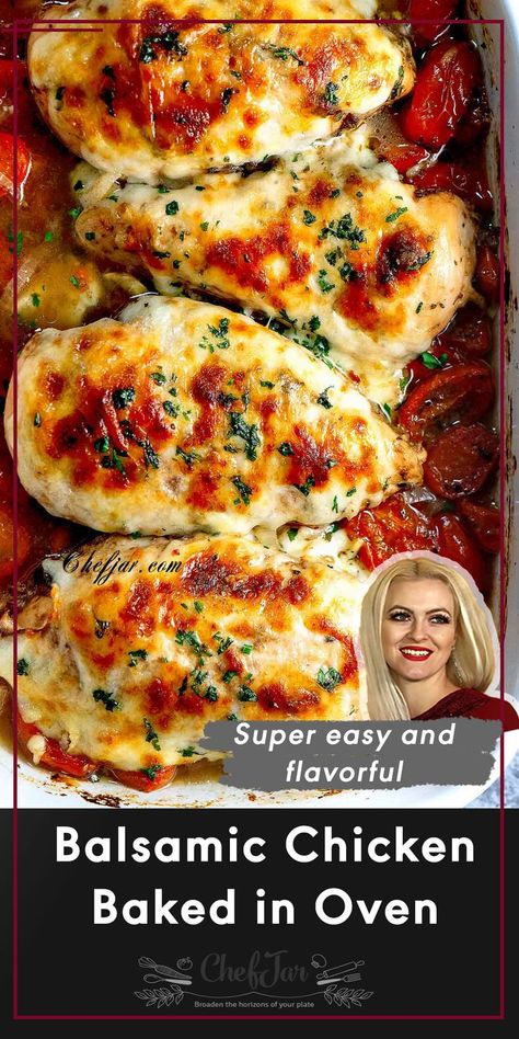 Balsamic Chicken Breasts Baked In the Oven Chicken Baked In Oven, Balsamic Chicken Baked, Italian Baked Chicken Breast, Easy Baked Chicken Breast Recipes, Tomato Balsamic, Chicken Recipes With Tomatoes, Balsamic Chicken Breast, Chicken Breast Oven Recipes, Baked Caprese Chicken