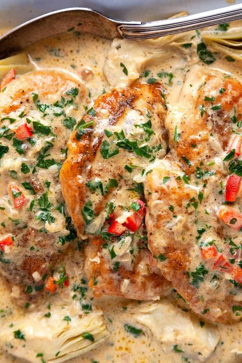 Creamy Artichoke Chicken, Artichoke Sauce, Sautéed Chicken, Honey Sriracha Chicken, Parmesan Cream Sauce, Artichoke Chicken, Artichoke Recipes, Sauteed Chicken, Chicken Dishes Recipes