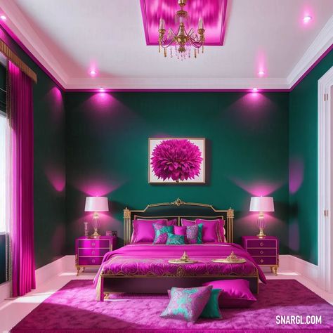 Bedroom with a purple and green theme and a chandelier hanging from the ceiling and a purple bed. Colors, Raspberry pink. Aesthetic room design. Follow us and visit our site for more amazing content! #sketchbook #pattern #homedecor #green #boho #Bedroom #crafts #inspiration #bed #illustration #amazing #diningroom #artwork #livingroom #rustic Fushia Accent Wall, Fushia Bedroom Decor, Dark Green And Hot Pink Bedroom, Magenta Room Ideas, Emerald And Pink Bedroom, Purple And Red Bedroom, Pink And Emerald Green Bedroom, Hot Pink And Black Bedroom, Magenta Bedroom Ideas