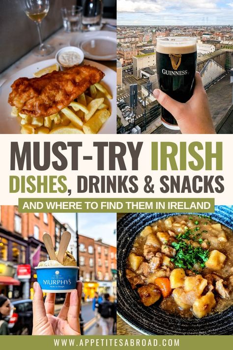 Wondering what to eat in Ireland? Here's a list of tasty Irish dishes, drinks, and snacks to try when visiting Ireland! Irish Food To Try In Ireland, What To Eat In Ireland, Irish Treats, Food In Ireland, Irish Snacks, Irish Meals, Dublin Vacation, Ulster Fry, Sabbatical Ideas