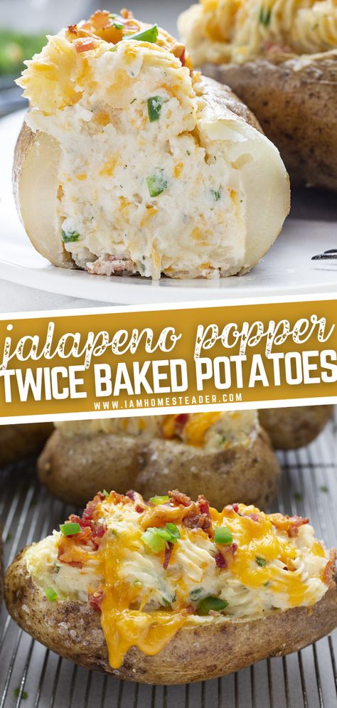 Jalapeno Popper Twice Baked Potatoes, Twice Baked Potato Ideas, Spicy Baked Potatoes, Jalapeno Popper Baked Potato, Stuffed Patotoes, Ham And Cheese Baked Potato, Chili Stuffed Baked Potatoes, Gourmet Baked Potato, Bake Potatoes Recipes Stuffed