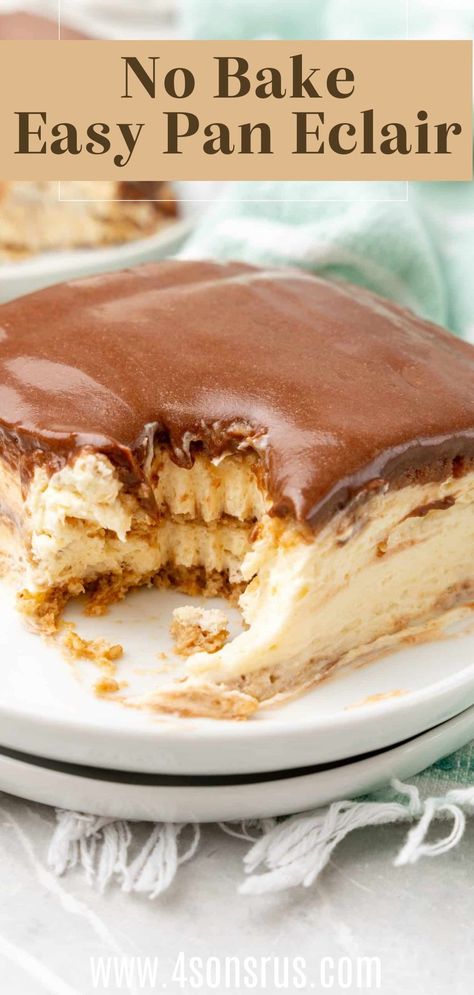 This easy pan eclair recipe combines all the flavors of the French pastry in a no bake dessert. Clouds of creamy filling get layered with graham crackers and topped with chocolate for a winning combination everyone will love! You don’t want to miss this recipe! Save this recipe from 4sonrus.com today. Pan Eclair, Easy Eclairs, Chocolate Eclair Dessert, Eclairs Dessert, Boston Cream Cake, Eclair Recipe, Bake Easy, Deserts Easy, Eclair Cake