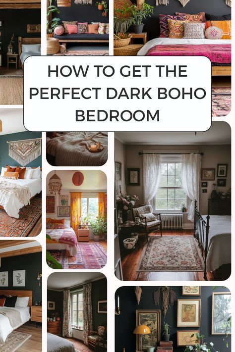 If you want a boho bedroom that isn't all bright colors then this guide to dark boho bedroom decor ideas and tips is for you. Bedroom Thrift Decor, Organic Boho Bedroom, Metal Bed Frame Bedroom Ideas Boho, Boho Bedroom With Black Furniture, Above Nightstand Decor, Dark Boho Bedroom Aesthetic, Boho Dark Bedroom, Boho Gothic Bedroom, Black And Rust Bedroom