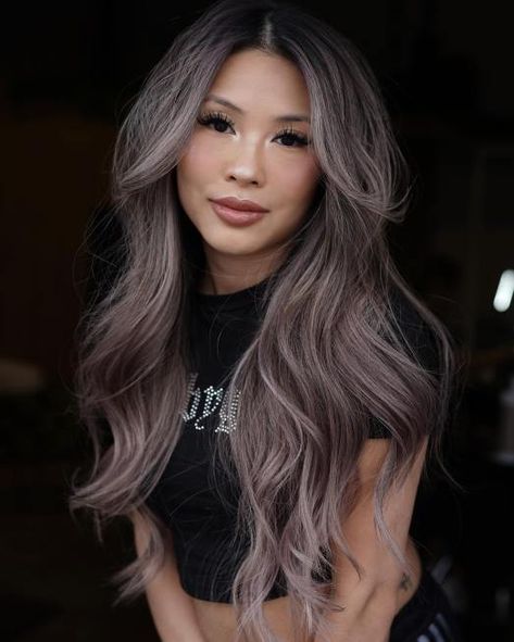 Ashy Mushroom Brown with Lavender Tint Lavender Ash Balayage, Ash Brown Hair With Purple Highlights, Mushroom Brown With Lowlights, Mushroom Brown Hair Color With Gray, Ashy Lilac Hair, Mushroom Brown Hair Color With Lavender, Ash Tone Balayage, Mushroom Purple Hair, Violet Ash Blonde Hair