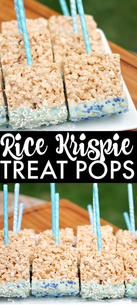 Rice Krispie Treat Pops dipped in baby blue glaze and sprinkles make such a fun baby shower treat! Everyone loves a dessert on a stick! | www.persnicketyplates.com #easydessert #babyshower #babyshowerideas #baby #dessert #babyboy #easyrecipe #ricekrispietreats Rice Krispie On A Stick, Rice Crispy Treat Pops, Cinderella Rice Krispie Treats, Bluey Theme Rice Krispies, Dipped Rice Krispie Treats On A Stick, Bluey Rice Crispy Treats, Baby Shower Rice Krispie Treats, Dessert On A Stick, Sweet Sides