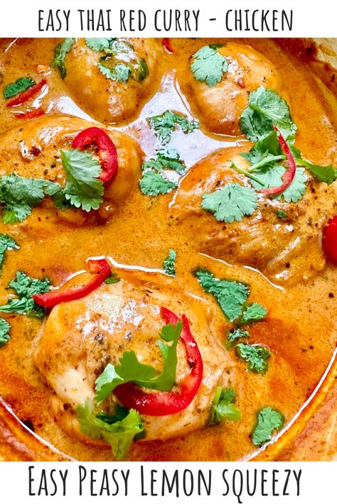 A tray of Thai Red Curry Chicken Thighs Chicken Thigh Thai Recipes, Chicken Thigh Recipes Curry, Thai Chicken Thigh Recipes, Curry Chicken Thigh Recipes, Thai Chicken Thighs, Easy Chicken Thighs, Crock Pot Curry, Curry Chicken Thighs, Red Thai Curry