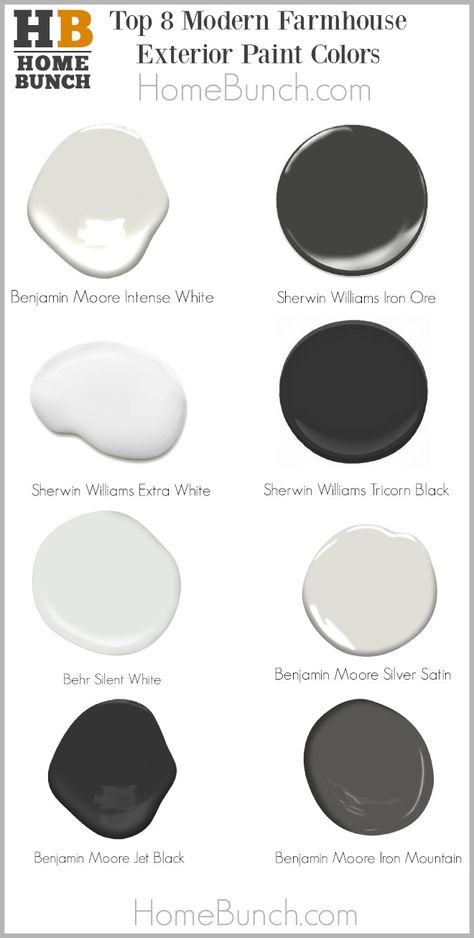 Top 8 Modern Farmhouse Exterior Paint Colors Benjamin Moore Intense White Sherwin Williams Iron Ore Sherwin Williams Extra White Sherwin Williams Tricorn Black Behr Silent White Benjamin Moore Silver Satin Benjamin Moore Jet Black Benjamin Moore Iron Mountain Color Palette Color Scheme #TopModernFarmhouseExteriorPaintColors #BenjaminMooreIntenseWhite #SherwinWilliamsIronOre #SherwinWilliamsExtraWhite #SherwinWilliamsTricornBlack #BehrSilentWhite #BenjaminMooreSilverSatin #BenjaminMooreJetBlack # Sherwin Williams Iron Ore Exterior Color Schemes, Jet Black Benjamin Moore, Behr Silent White, Benjamin Moore Jet Black, Intense White Benjamin Moore, Exterior Paint Colors Benjamin Moore, Silver Satin Benjamin Moore, Extra White Sherwin Williams, Tricorn Black Color Palette