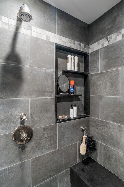 Shower With Floating Shelves, Bathtub Shower Niche Ideas, Shelves In Showers Floating, Custom Shower Niche Ideas, Mirror In Shower Ideas, Recessed Shelves Bathroom, Shower Shelving, Bathroom Shower Shelves, Bathroom Lighting Over Mirror