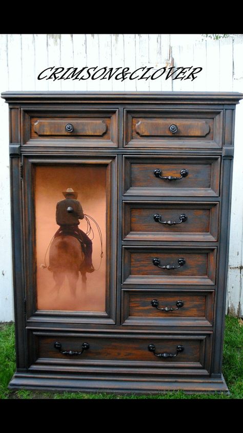 Western Style Painted Furniture, Diy Western Furniture, Western Dresser Furniture, Horse Furniture, Southwestern Furniture, Diy Western, Ranch Furniture, Cowhide Furniture, Highboy Dresser