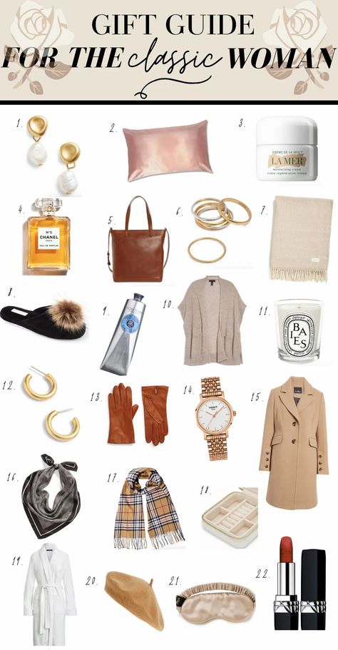 Classic and timeless fashion is talked about extensively on this blog, so it seemed only fitting to put together a gift guide for the classic and timeless woman. That’s you! These classic gift ideas are made to last and won’t go out of style. #holidaygifts #giftguide #holidaygiftguide #classicgifts List Of Accessories, Classic And Elegant Style, Classic Elegance Style, Elegant Gift For Woman, Clean Classic Style, Classic Going Out Outfit, Classic Timeless Style Women, Classy Womens Outfit, Classic Beauty Outfits