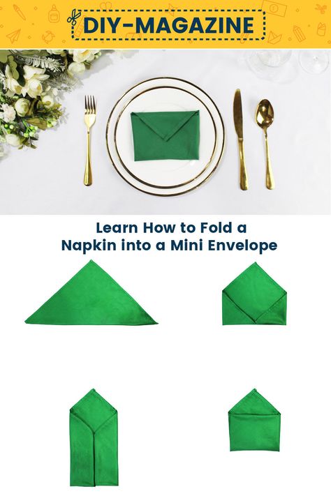 How to fold a napkin into a Mini Envelope Napkin Folding Menu Card, Envelope Napkin Fold, Table Napkin Folding Step By Step, Ways To Fold A Napkin, Creative Napkin Fold, Chalet Ideas, Fold A Napkin, Bridgerton Theme, Folding Napkins