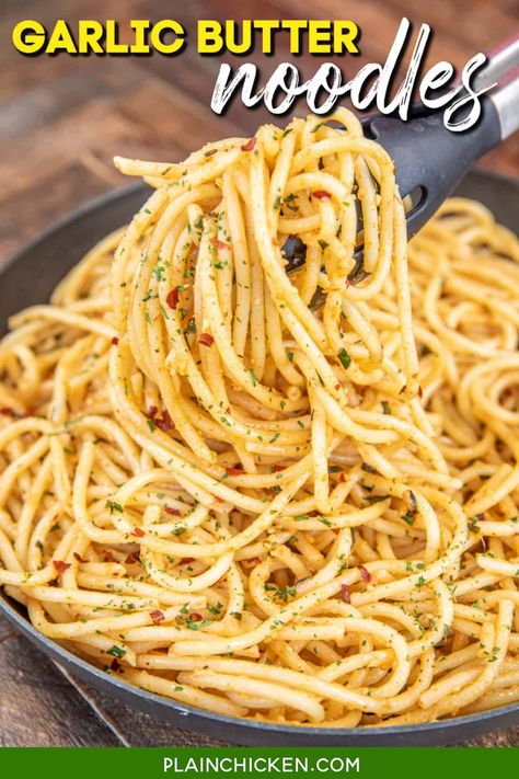 Garlic Butter Noodles Recipe - this easy recipe is sure to become a staple at your house. With just a handful of ingredients and a few minutes of your time, you'll have a plateful of buttery, garlicky goodness that the whole family will enjoy. Pasta tossed in butter, garlic, lemon, dijon mustard, paprika, parsley, cayenne, Worcestershire sauce, chives, thyme, and red pepper flakes. Get ready to fall in love with these heavenly garlic butter noodles! Garlic Butter Noodles Recipe, Butter Garlic Noodles, Garlic Buttered Noodles Recipe, Butter Noodles Recipe, Plain Chicken Recipe, Buttered Noodles Recipe, Garlic Butter Noodles, Garlic Butter Pasta, Butter Noodles