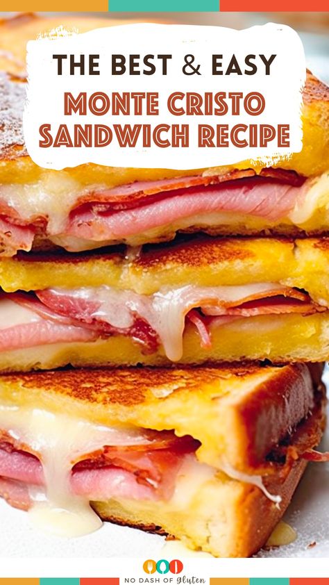 Whip up a delicious Monte Cristo Sandwich! Savory ham, melty gruyere, nestled between golden, egg-dipped bread slices. Perfect for brunch or a treat any day. Quick, easy, and utterly satisfying, this recipe promises to delight your taste buds. Ready in just 15 minutes, it's a must-try for sandwich lovers. Pin this recipe now and make your next meal a memorable one! Monte Cristo Sandwich Recipe, Ham Sandwich Recipes, Savory Ham, Gluten Free Holiday Recipes, Bacon Dressing, Eat Meals, Monte Cristo Sandwich, Panini Recipes, Italian Sandwich