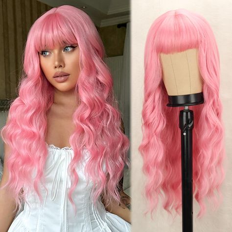 PRICES MAY VARY. 【High-Quality Material】This long pink wig with bangs is made of the high-quality synthetic heat-resistant fibers, soft and smooth. The skin-friendly feature makes you feel very comfortable wearing it. The simulated scalp wig is vivid, making the hair crack more realistic and natural.The hairline is made hand-tied, which makes the hair look more real. Easy to comb and not easily tangle and hair loss. 【Unique Style & Benefits】The magic of this light pink wig is that barbie wig use Barbie Wig, Bangs Light, Pink Wigs, Wavy Wig, Pink Wig, Wig Stand, Curly Waves, Curly Wig, Wigs For Women