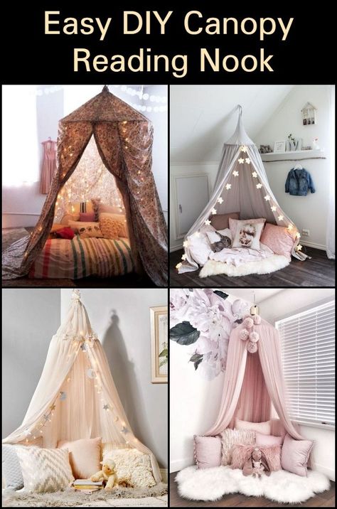 This DIY canopy reading nook is one of the easiest and most fun projects ever made. Canopy Reading Nook, Reading Nook Diy, Diy Canopy, Bed Design Modern, Canopy Bed, Room Ideas Bedroom, Simple Diy, Design Case, Reading Nook