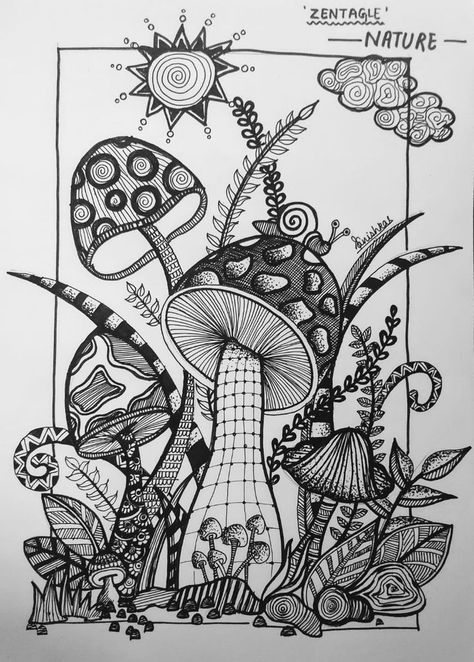 Nature Mushrooms, Crystal Drawing, Doodle Art Flowers, Flower Drawing Tutorials, Zentangle Artwork, Zen Doodle Art, Organic Art, Tangle Art, Graffiti Characters