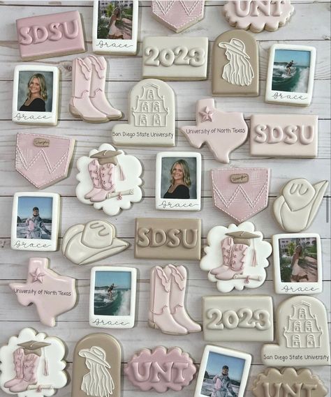 #cowgirlgraduation #graduationcookies #graduationpartyideas #sdsucookies #untcookies Split Graduation Party, Last Rodeo Graduation Party, Sorority Cowgirl Theme, 2024 Grad Party Ideas, 20th Birthday Ideas Cowgirl, University Graduation Party, Western Boho Graduation Party Ideas, Southern Graduation Party, Disco Cowgirl Graduation Party