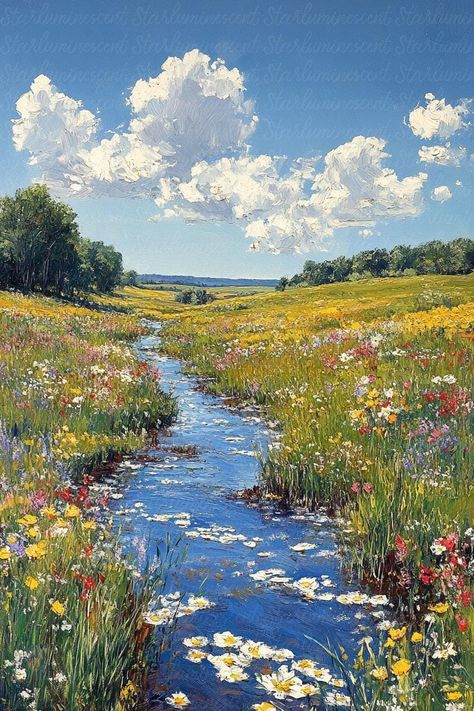 "Tranquil Waters" is a serene oil painting that beautifully captures the peaceful harmony of nature on a bright sunny day. The painting features a lush green field that gently slopes down to meet a calm, meandering river. The vivid greens of the grass contrast with the clear blue sky above, where soft, white clouds float lazily. The river reflects the sky's brilliant hues, creating a mirror-like surface that enhances the sense of tranquility. The sunlight bathes the entire scene in a warm, golde River Scenery Painting, River And Trees Painting, Sky And Grass Painting, Winding River Painting, Meadow With Stream, Landscapes With Water, Thick Oil Painting Texture, Farm Field Painting, Beautiful Scenes Nature