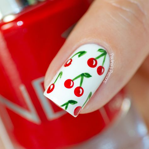 Cherry Nail Art Tutorial Cherries Nail Art, Cherry Design Nails, Cherry Nails Design, Cherry Nails Acrylic, Cherry Nails Designs, Nails With Cherries, Cherries Nails, Cherry Nail Designs, Fruits Nails