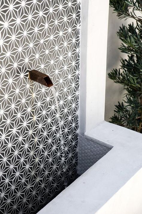 White Plank Walls, Fountain Tile, Grey Textured Wallpaper, Black And White Mosaic, White Mosaic Tiles, Water Fountain Design, Slate Patio, Green Shutters, Home Exteriors