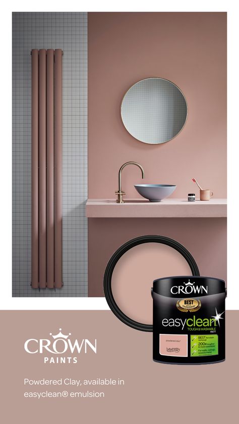 A modernist, sophisticated pink, Powdered Clay is the ideal paint update for your bathroom. Available in our easyclean® emulsion, wipe any marks that appear on the wall over time with damp cloth, to restore in to its freshly-decorated finish. Colours For Bathrooms, Crown Bathroom Paint, Bathroom Paint Colours, Pink Bathroom Paint, Crown Paint Colours, Kitchen Matt, Crown Paint, Toilet Ideas, Crown Paints