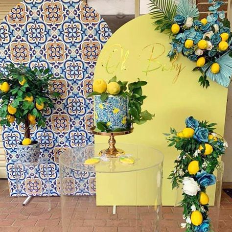 Jeanette's Amalfi themed baby shower | Mum's Grapevine Amalfi Coast Theme Party Backdrop, Almafi Coast Baby Shower Theme, Amalfi Birthday Theme, Amalfi Coast Backdrop, Amalfi Backdrop, Lemon And Blue Baby Shower Theme, Italian Lemon Baby Shower Theme, Almafi Coast Themed Party, Capri Baby Shower Theme