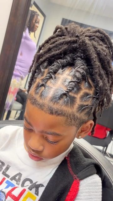 Boys Loc Styles With Fade, Kid Dread Styles, Locs Hairstyles For Studs, Toddler Dreads Locks Boys, Kid Loc Styles Boys, Dread Hairstyles For Men Ponytail, Dreadlocks Ponytail Hairstyles, Boys Locs Styles, Toddler Boy Loc Styles