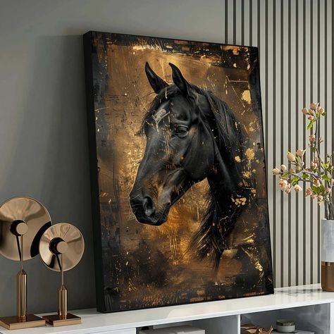 Contemporary Horse Paintings, Seven Horses Painting, Black Canvas Painting, Bild Gold, Portrait On Canvas, Abstract Horse Painting, Horses Wall Decor, Horse Canvas, Landscapes Abstract