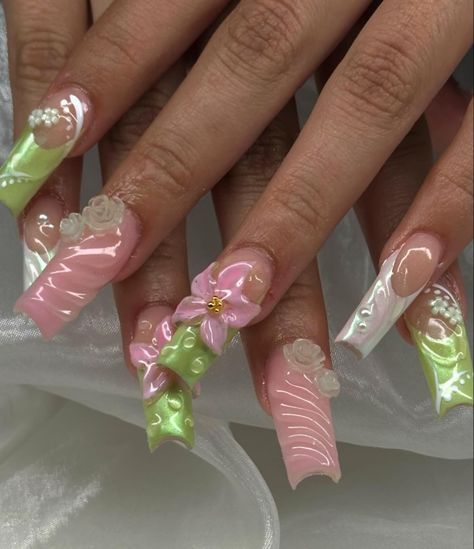 pictures could've been better but it's giving fairyy🧚🌸 . . . . . . . #fairy #fairycore #fairycorenails #pinknails #greenails #3dnailart #nailart #nailsofinstagram #cutenails #nails #nailsnailsnails #nailinspo #hesperia #victorvillenails #hesperianails #nailtech #hd #ie Fairy Nails Inspiration, Fairy Garden Nails, Fairy Nails Acrylic, Fairy Nails Designs, Fairy Core Nails, Fairytale Nails, Sweetheart Nails, Fairycore Nails, Random Nails