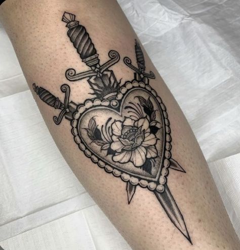 Knife Heart Tattoo Traditional, Heart Swords Tattoo, Heart Swords Tattoo Ideas, Two Of Cups Tattoo, 3 Of Hearts Tattoo, Feminine Blackwork Tattoo, American Traditional Tattoo Women, Heart Flail Tattoo, Thigh Dagger Tattoo