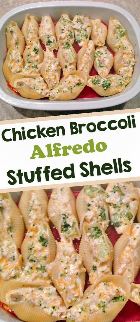 Chicken broccoli Alfredo stufffed shells are an easy family dinner. Double the recipe and freeze for an extra weeknight meal. Easy Alfredo, Chicken Alfredo Stuffed Shells, Alfredo Stuffed Shells, Chicken Broccoli Alfredo, Resep Pasta, Broccoli Alfredo, Pasta Shells, One Pot Dinners, Diner Recept