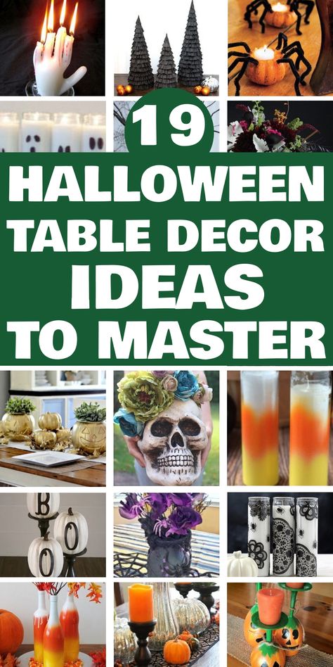 19 Halloween table decor ideas to master, featuring candles, pumpkins, skulls, and spooky crafts. Centerpieces For Halloween Party, Easy Halloween Centerpieces, Creepy Centerpieces, Halloween Centerpiece Ideas Table, Halloween Table Ideas, Halloween Centerpieces Diy, Halloween Lights Diy, Mason Jar Halloween Crafts, Halloween Yard Decorations Diy