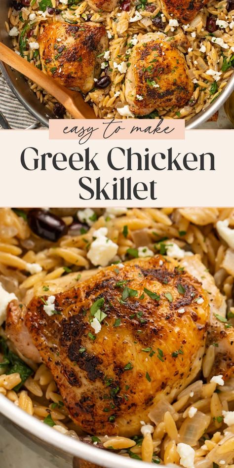 This one-pan meal is packed with Greek flavor! Tender chicken thighs are seasoned and cooked until perfectly juicy, nestled on a bed of orzo with feta, olives, and spinach. And the clean-up doesn’t get simpler for this quick and easy dinner! Orzo With Feta, Greek Sheet Pan Chicken, Orzo Feta, Greek Chicken And Potatoes, Tzatziki Recipes, Easy Skillet Meals, Feta Chicken, Chicken Skillet, Homemade Tzatziki