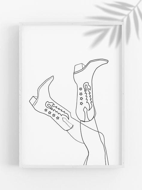 Western Cowboy Boots Line Art Print, Groovy Cowgirl Wall Art, One Line Drawing, Printable Line Art, Single Line, Minimalist Woman in Boots, Home Decor, Bedroom Wall Art, Living Room Art, Home Wall art, Dorm, Office Decor, Bathroom Decor, Hallway Wall Art, Boho Decor, Kitchen - Dining Room Wall Art Cowgirl Boot Outline, Cowgirl Line Drawing, Cowboy Boots Line Drawing, Easy Country Paintings On Canvas, Cowgirl Boots Drawing, Cowboy Boot Line Art, Cowboy Boot Line Drawing, Groovy Cowgirl, Cowboy Boot Wall Art