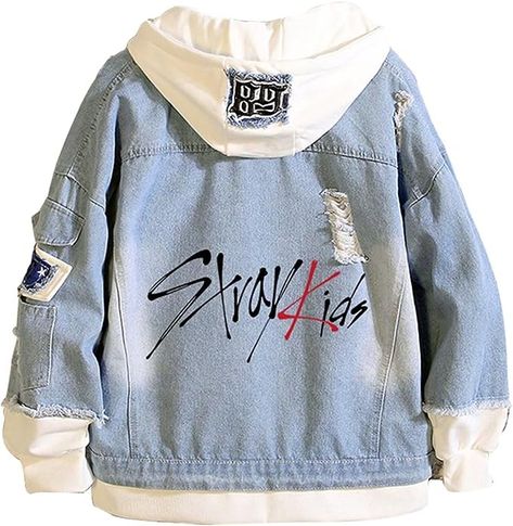 Kpop Stary Kids denim jacket, suitable for Spring Summer Autumn and Winter Made of durable and practical polyester material, soft and comfortable to sport JYP entertainment Stray Kids members hoodie. Super fashion look with cool style. The Stray Kids merchandise is a nice gift for Kpop stray kids fans, show your support for Hyunjin I.N Han Jisung Woojin Jeongin Felix Changbin Bangchan Minho and Seungmin.Perfect gifts for yourself,your family and your friends Hoodie Denim Jacket, Anime Jeans, Kemeja Denim, Hoody Kpop, Kpop Stray Kids, Cute Jean Jackets, Denim Jacket And Jeans, Kids Denim Jacket, Denim Jacket With Hoodie