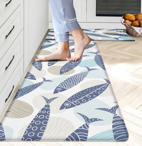 PRICES MAY VARY. 【Kitchen Anti-fatigue Floor Mat】The coastal beach themed anti-fatigue kitchen rugs are made of high-quality PVC materials, and 0.4-inch thickness provides soft comfort and stability. The comfort standing mat with runner contains 2 rectangular mats (17.3 x 47 inches and 17.3 x 28 inches). 【Stylish Rubber Kitchen Mat】The ocean sea kitchen rug adopts digital printing technology to ensure that the pattern is vivid and does not easily fade. Decorative blue marine life soft kitchen ru Beach Rental Decor, Houseboat Decor, Rubber Kitchen Mats, Large Kitchen Rugs, Standing Mat, Beach Kitchen, Anti Fatigue Kitchen Mats, Lake House Kitchen, Beach Kitchens