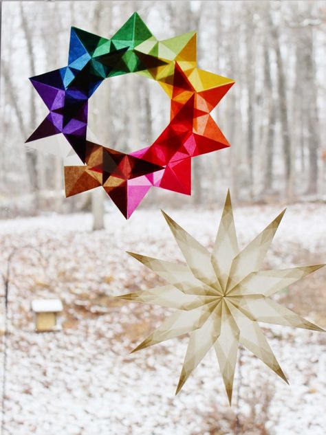 At the Butterfly Ball: New Window Star Tutorial with printable pattern Waldorf Crafts, Stars Craft, Learn Crafts, Winter Crafts For Kids, Paper Stars, Window Art, Easy Crafts For Kids, Origami Crafts, Winter Crafts