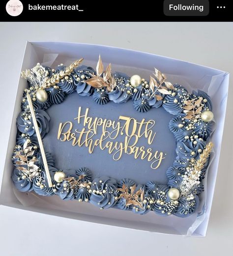 Modern Square Cake Design, 40th Anniversary Sheet Cake, Aesthetic Rectangle Cake, Aesthetic Square Cake, Square Vintage Cake, Rectangle Birthday Cake Ideas, Blue Sheet Cake, Square Cake Design Birthdays, Square Birthday Cake Ideas